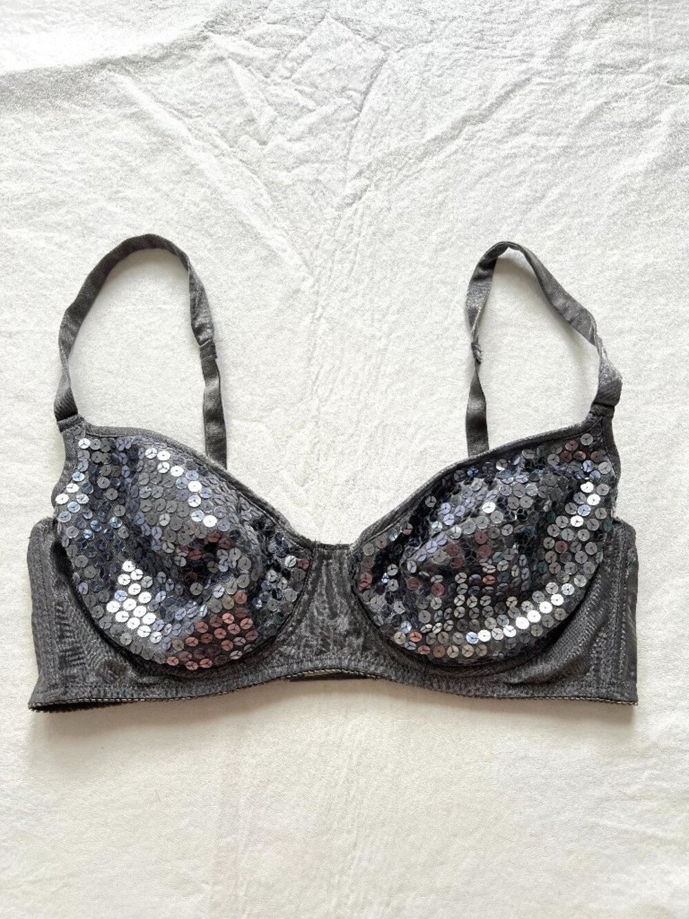Vintage Victorias Secret bra gray silver sequins 36C underwire gold tag 90s
